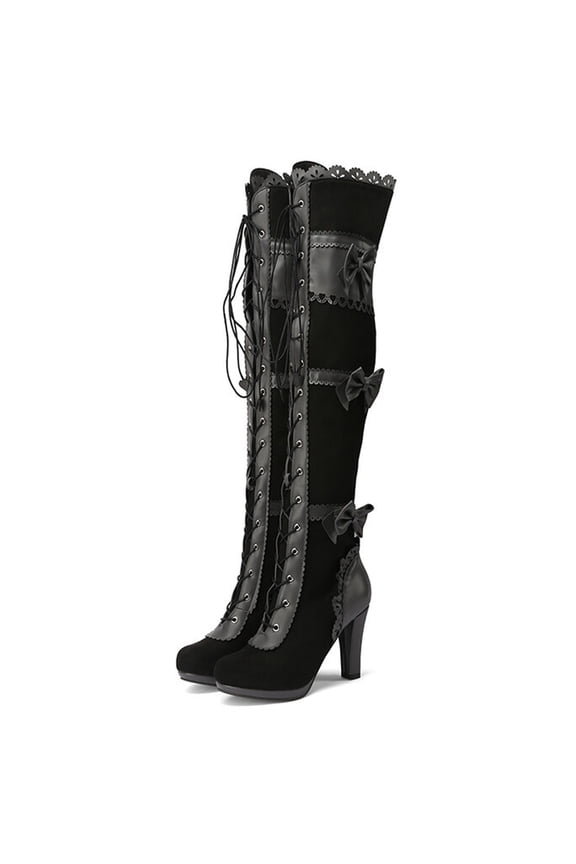 Women's Over The Knee Heels Thigh High Boots Women's Bow Tie Thick High Heel Lace Up Punk Side Zipper Over The Knee Boots
