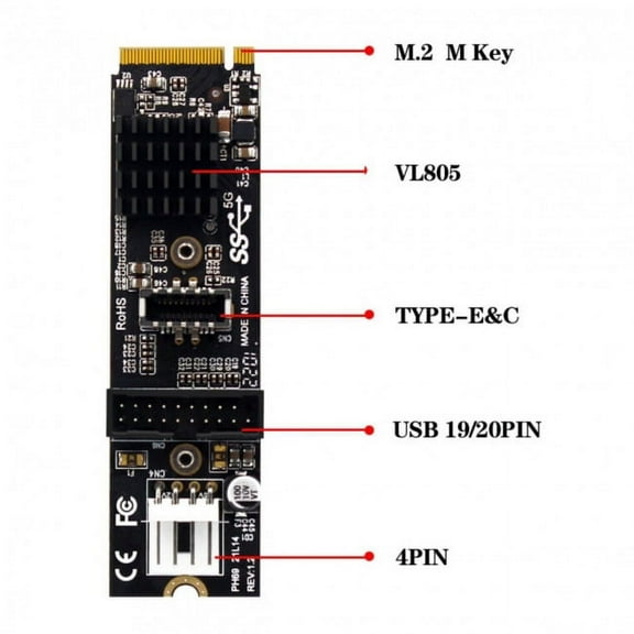 JSER 5Gbps Type-E USB 3.1 Front Panel Socket USB 2.0 to NVME NGFF M-Key Express Card VL805 Adapter for Motherboard