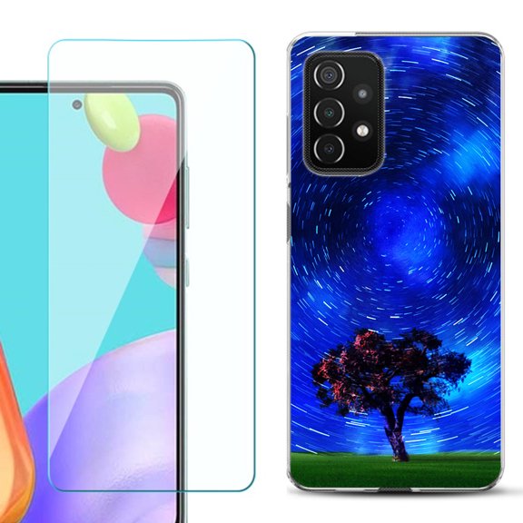 Slim-Fit Flexible Gel TPU Phone Case compatible with Samsung Galaxy A52 5G, with Tempered Glass Screen Protector, by OneToughShield ® - Star Trails Tree