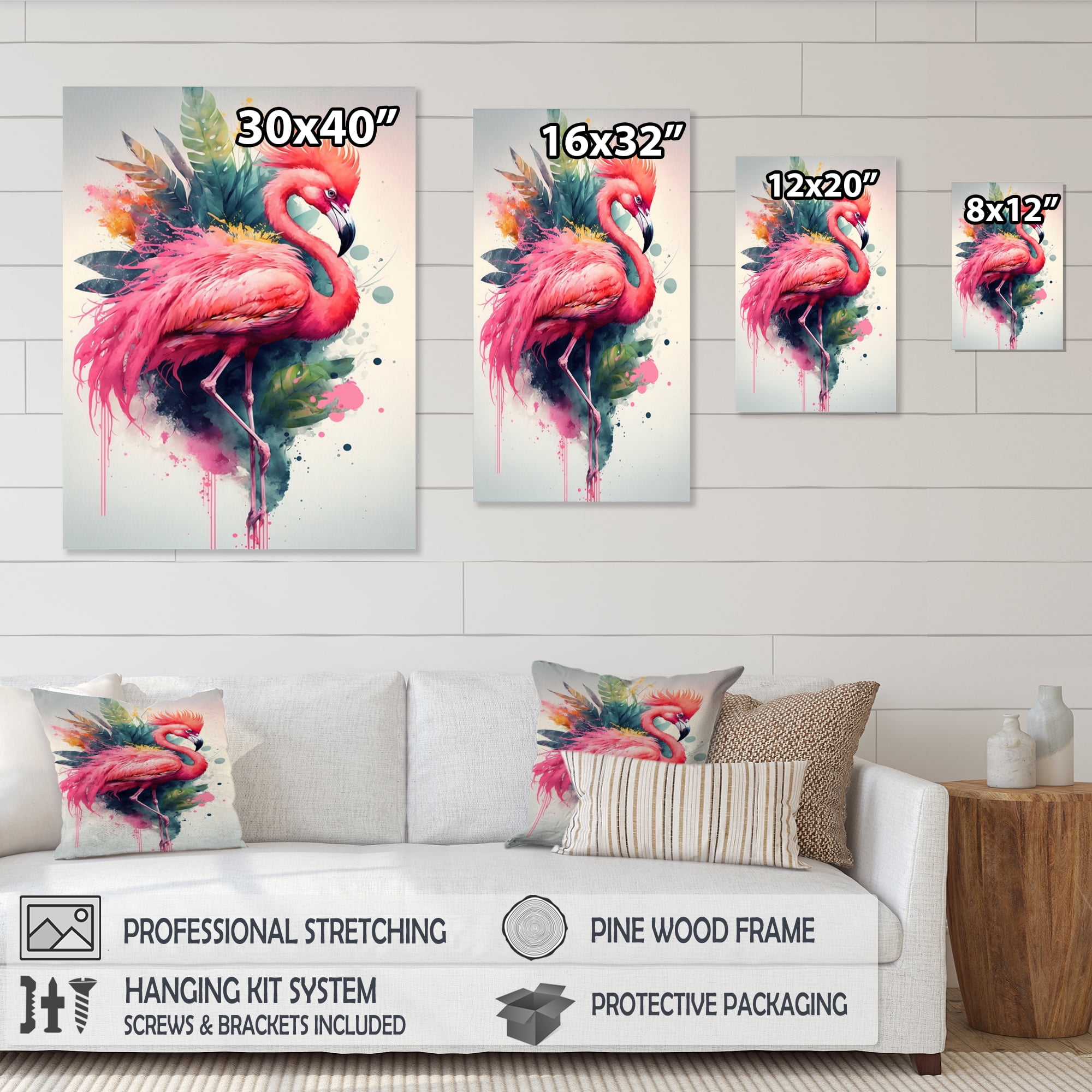 Designart Cute Flamingos Floral Art IV Canvas Wall Art