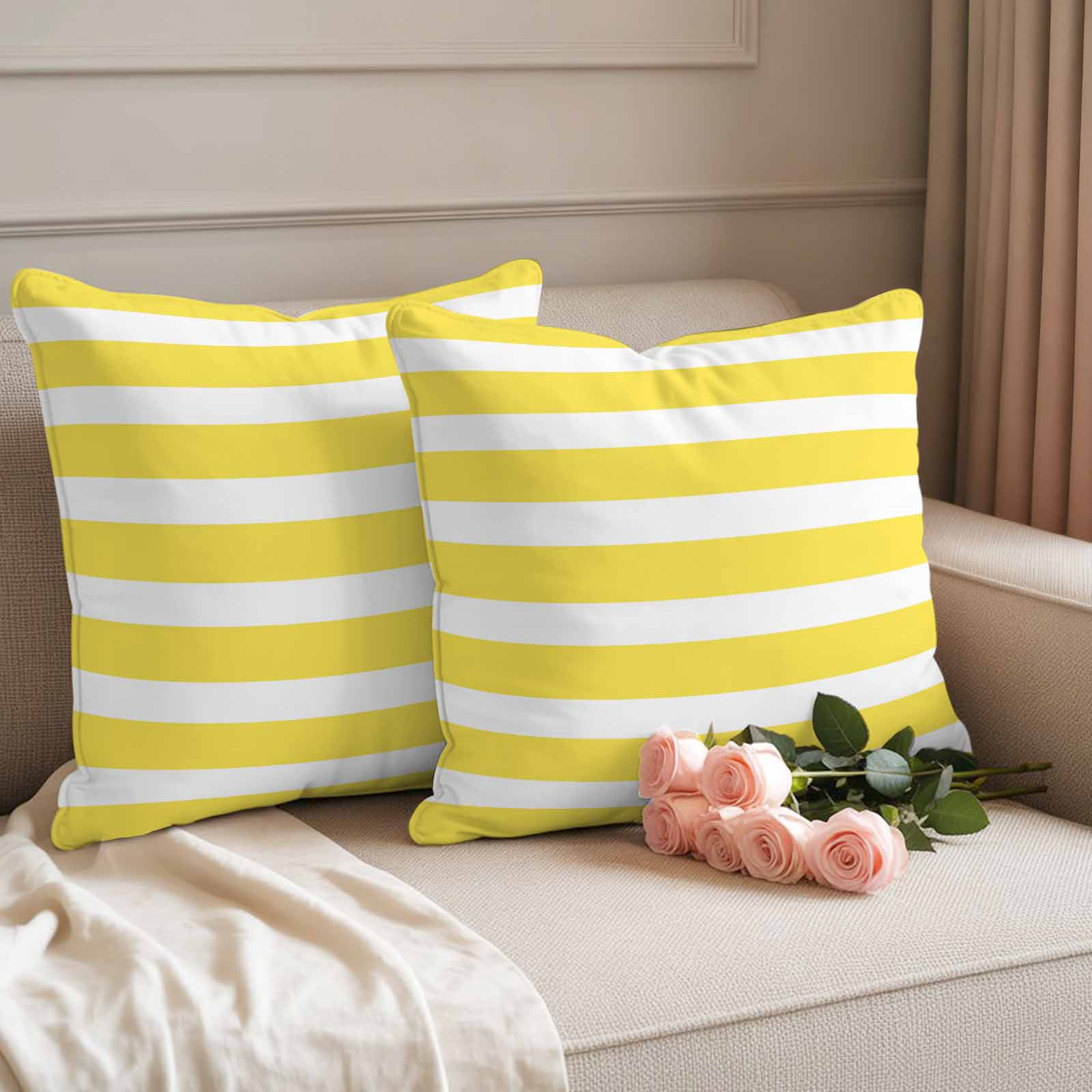 Yellow Striped Outdoor Waterproof Pillow Covers, Modern Simple Monochrome Geometric White Decorative Square Throw Pillowcase Sofa Cushion Sham for Patio/Couch/Chair, 20"x20" 2 Pack