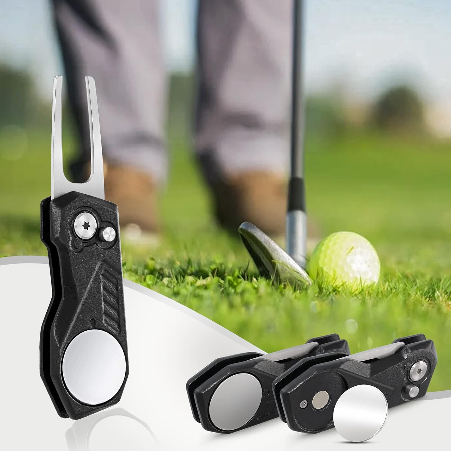 Golf Divot Repair Tool w Magnetic Golf Ball Marker | All Metal Foldable Divot Tool w Pop-up Button | Golf Accessories for Men