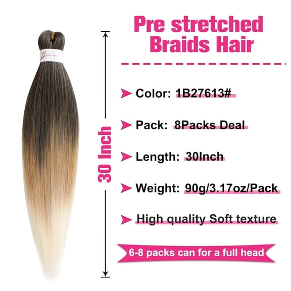 WEIF-Unionbeauty Pre Streched Braiding Hair 30 Inch 8 Packs Ombre Brown Blonde Long Brading Hair Soft Yaki Texture Easy Braid Hair for Braids Hot Water Setting Synthetic Crochet Hair Extensions (1