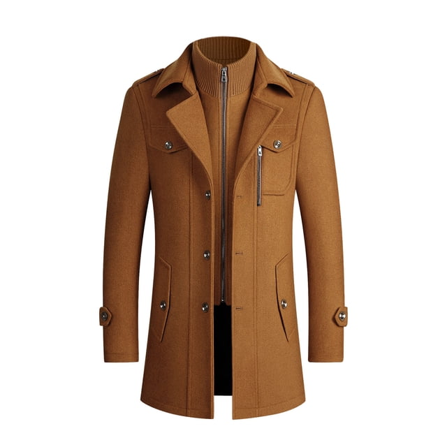 KIHOUT Winter Warm Coats Wool Solid Color Woolen Cloth Button Lapel Men's Overcoat Jacket,Size M-4XL