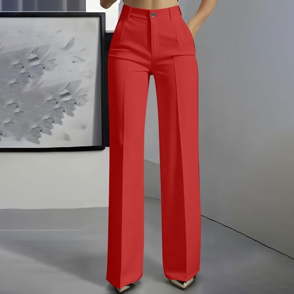 Guieoi Dress Pants for Women Business Solid Color High Waisted Straight Leg Wide Leg Suit with Pockets Work Pants Trousers Red XXL