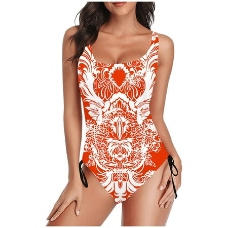 TrendVibe365 Bathing Suit for Women One-Piece Orange Thong Adjustable Shoulder Strap Floral Swimwear Beachwear M