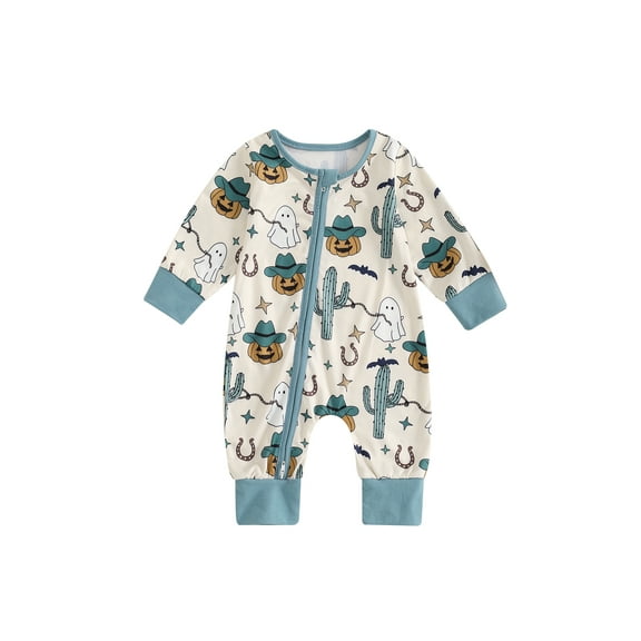 Michellecmm Baby Jumpsuit, Long Sleeve Crew Neck Ghost Print Zipped Newborn Romper Halloween Baby Clothes for Girls Boys
