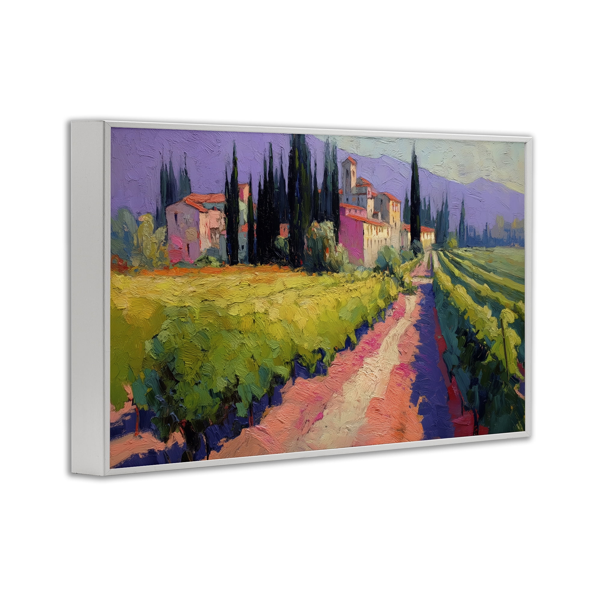 Purple Mountains Village White Framed Giclee Art, design by Annabelle Hall