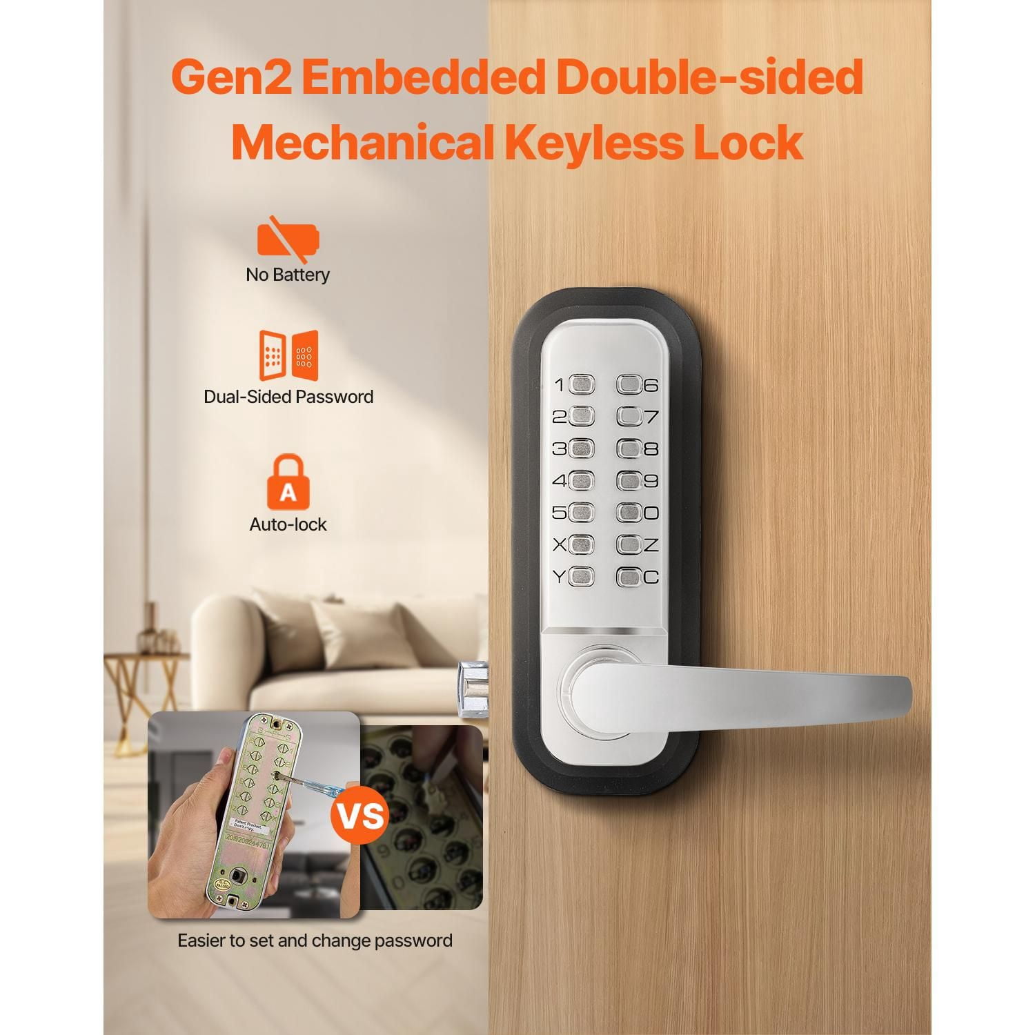 Mechanical Keyless Door Lock Gen2 Double-Sided 4-7 Digit Code No Batteries 1.4-2.5 Inch Door Thickness for Courtyard Gate