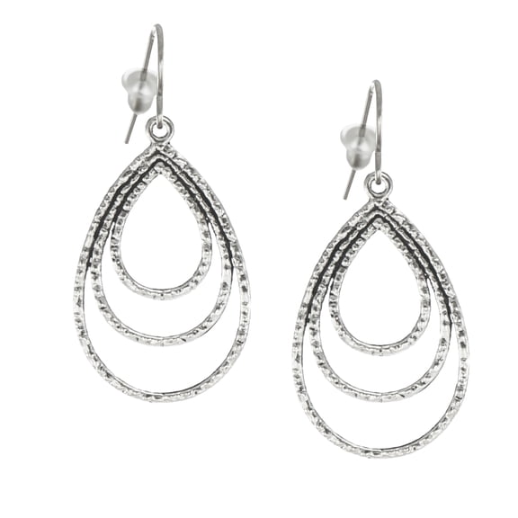 Hammered Silver Triple Teardrop Minimalist Everyday Earrings, Hypoallergenic Ear Wires