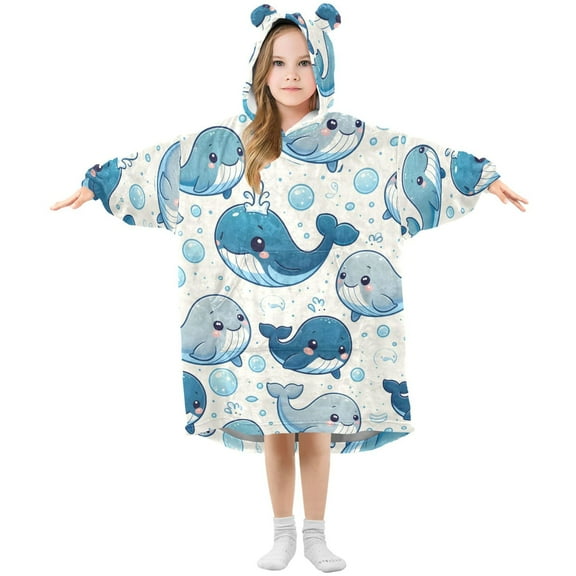 Dailycode Wearable Blanket Hoodie Oversized Sherpa Flannel Blankets with Pocket for 3-14 Year Old Cartoon Bubbles and Whale