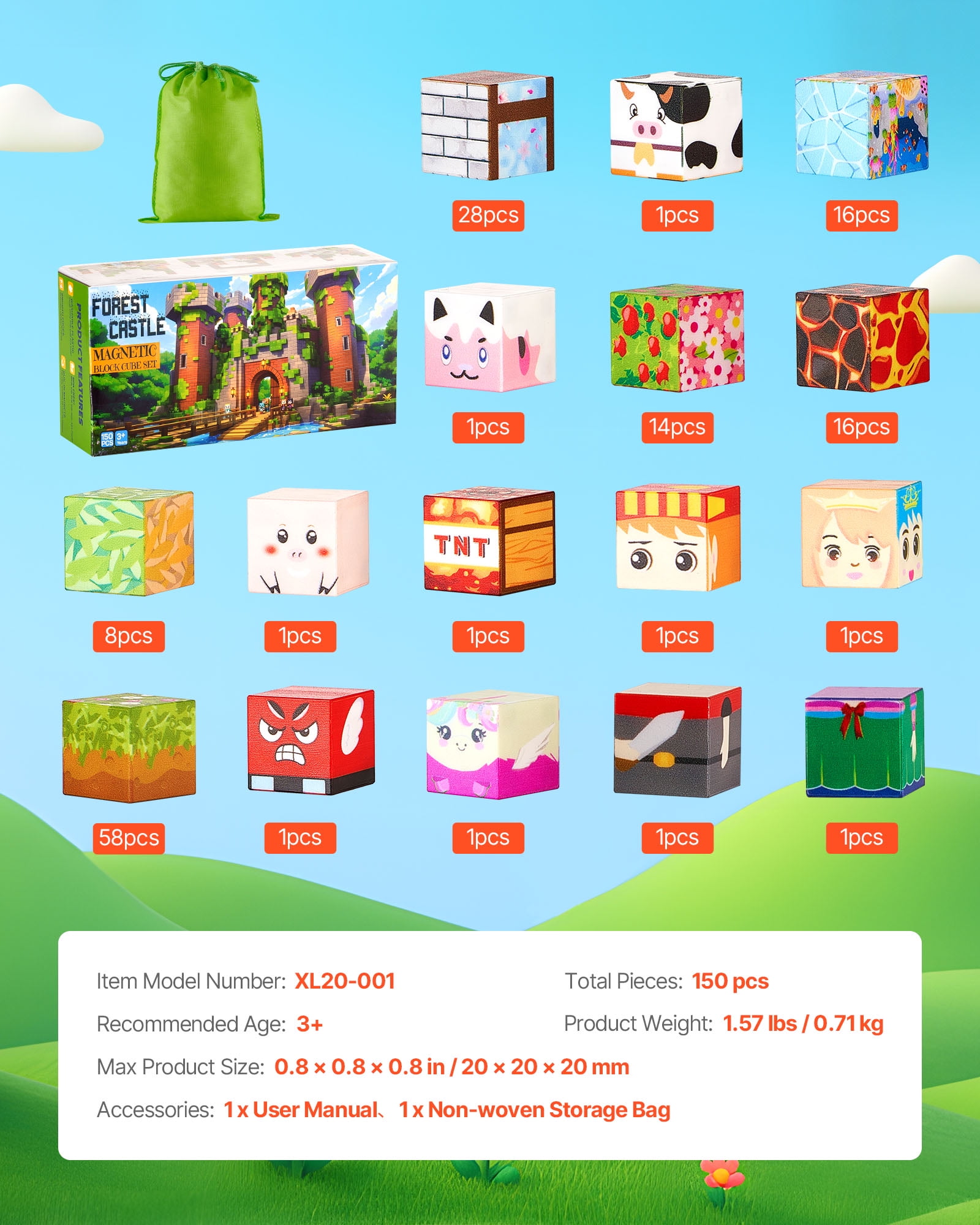VEVOR Magnetic Blocks, 150 PCS Forest Castle Set, Magnetic Building Cubes for Kids, STEM Montessori Sensory Toys for Christmas Birthday Gift, Construction Stacking Toy for 3+ Years Old Boys & Girls
