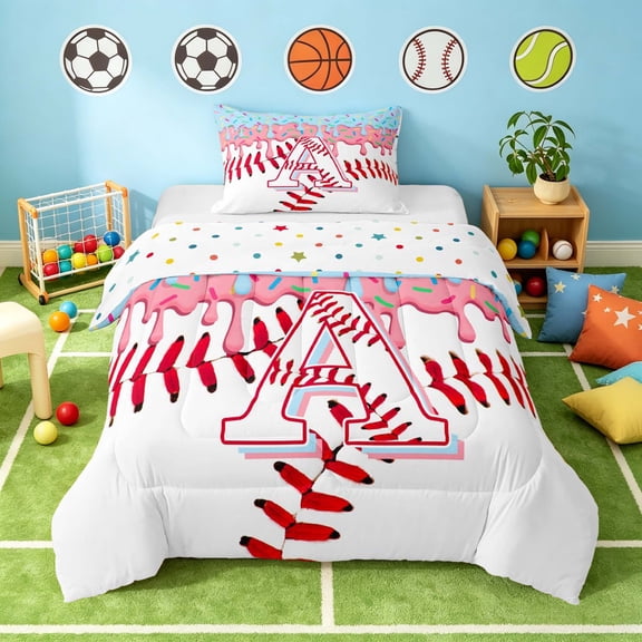Manfei Girls Baseball Twin Comforter Sets, Cute Monogrammed A Bedding Set, Pink Light Blue A, Polka Dots Reversible 2 Pieces 1 Comforter and 1 Pillowcase