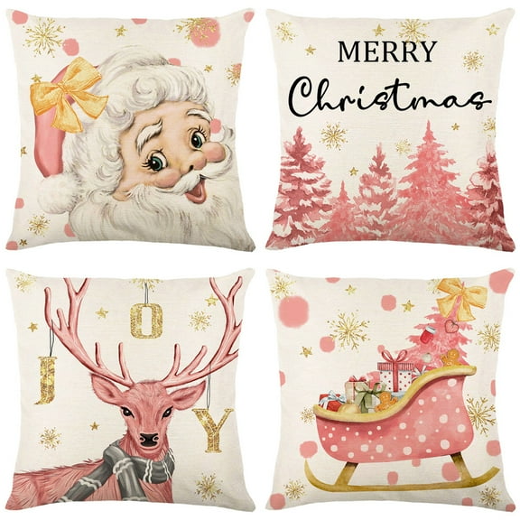 Dalrosia Christmas Pillow Covers 18x18 Inch Set of 4 Christmas Tree Reindeer Pink Decorations Throw Pillow Covers Winter Holiday Decor Linen Pillowcase for Sofa Couch Home Decor