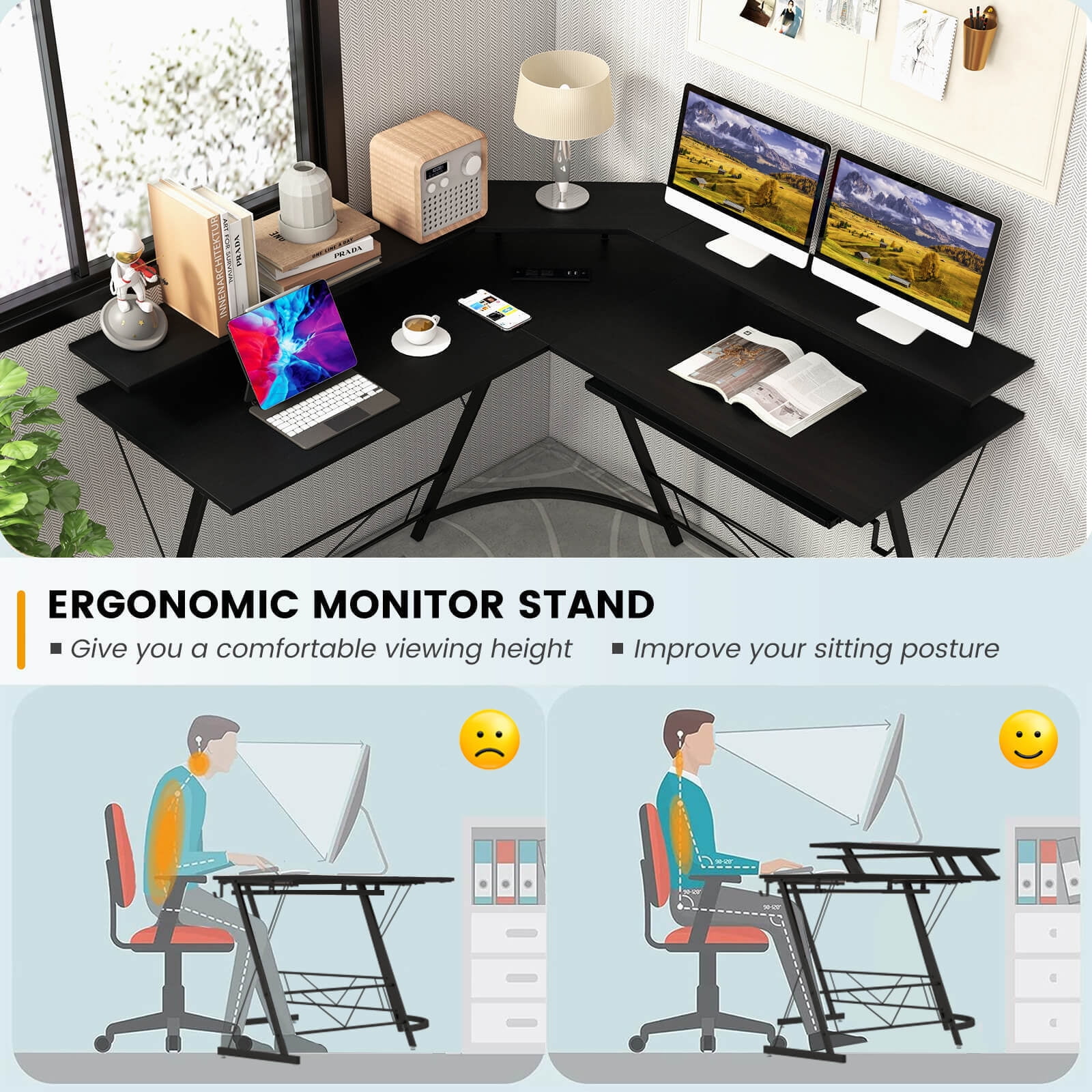 Amijoy L-shaped Computer Corner Desk, 51" Reversible L Shaped Home Office Desk w/Power Outlet, USB Ports, Monitor Stand, Keyboard Tray