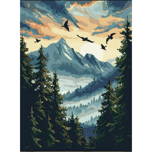 Forest Trees with Mountains and Birds DIY 11CT Stamped Cross Stitch Kits for Beginners Easy Needlepoint Embroidery Counted Cross Stitch Art Craft for Wall Decoration 12x16inch(3)
