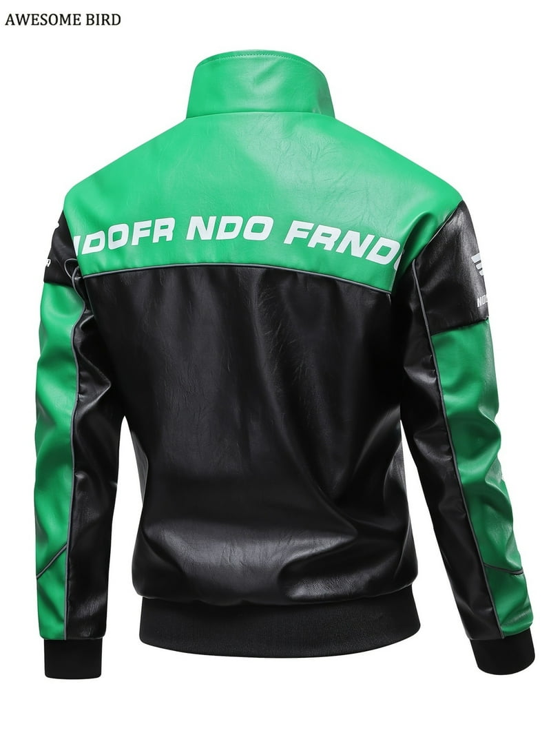 Men's Racing Style Zip Jacket - Green & Black Color-Blocking
