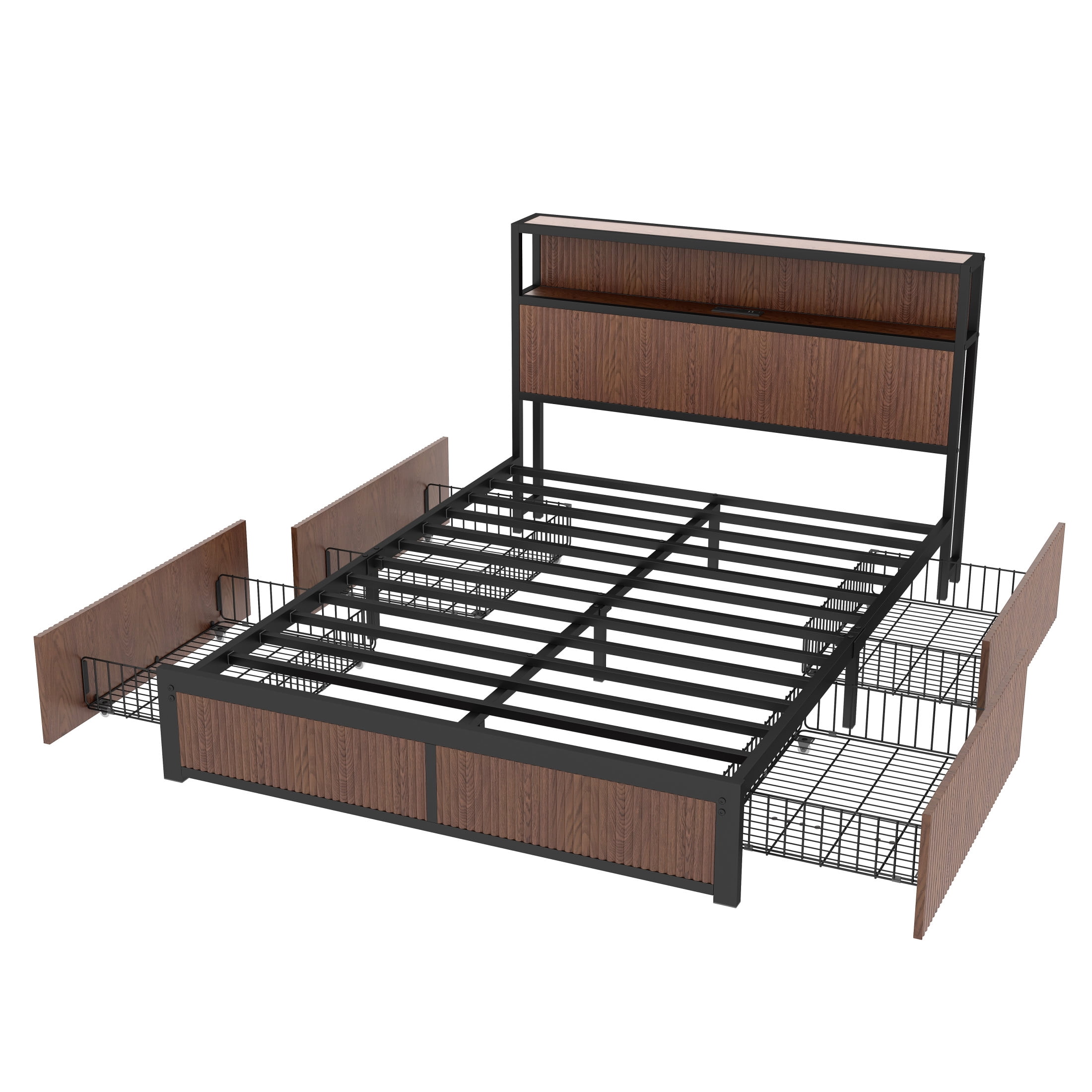 Noble House Queen Size Storage Platform Bed Frame with 4 Drawers, USB Charging Headboard, Brown
