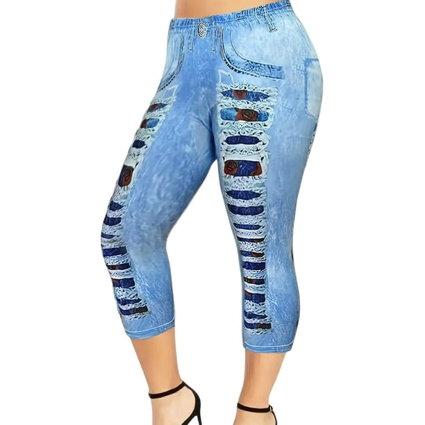 Fashnice Ladies Plus Size Capri Leggings High Waist Fake Cropped Jeans  Butterfly Print Oversized Faux Denim Capris Comfy Yoga Bottoms Blue-A 4XL