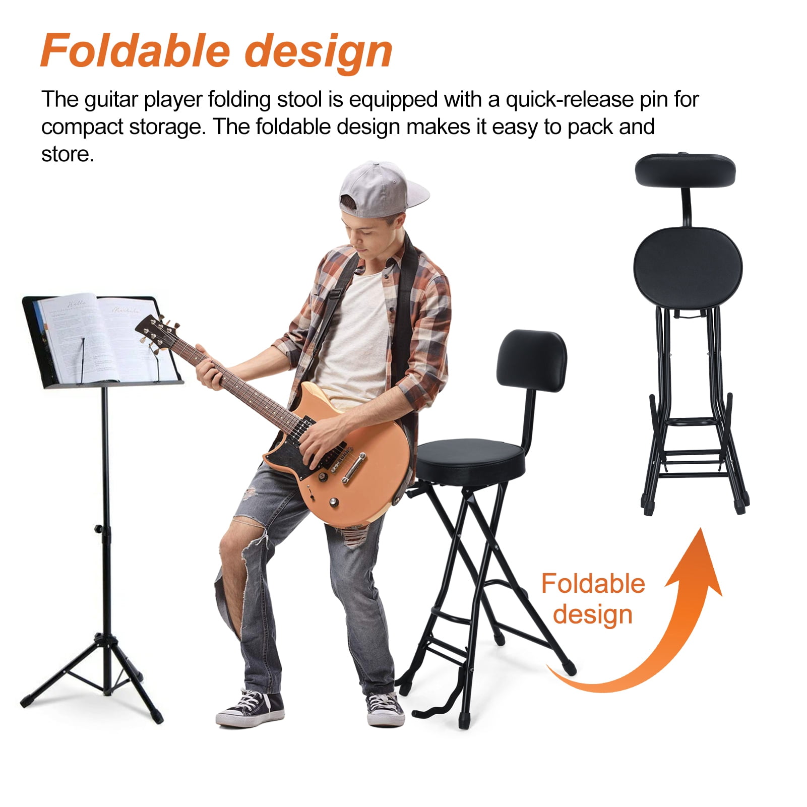 Adjustable Guitar Seat with Built-In Stand, EVA Foam Padded Cradles, Removable Backrest, Non-Slip Rubber Feet, Collapsible Design – Fits Acoustic, Electric & Bass Guitars
