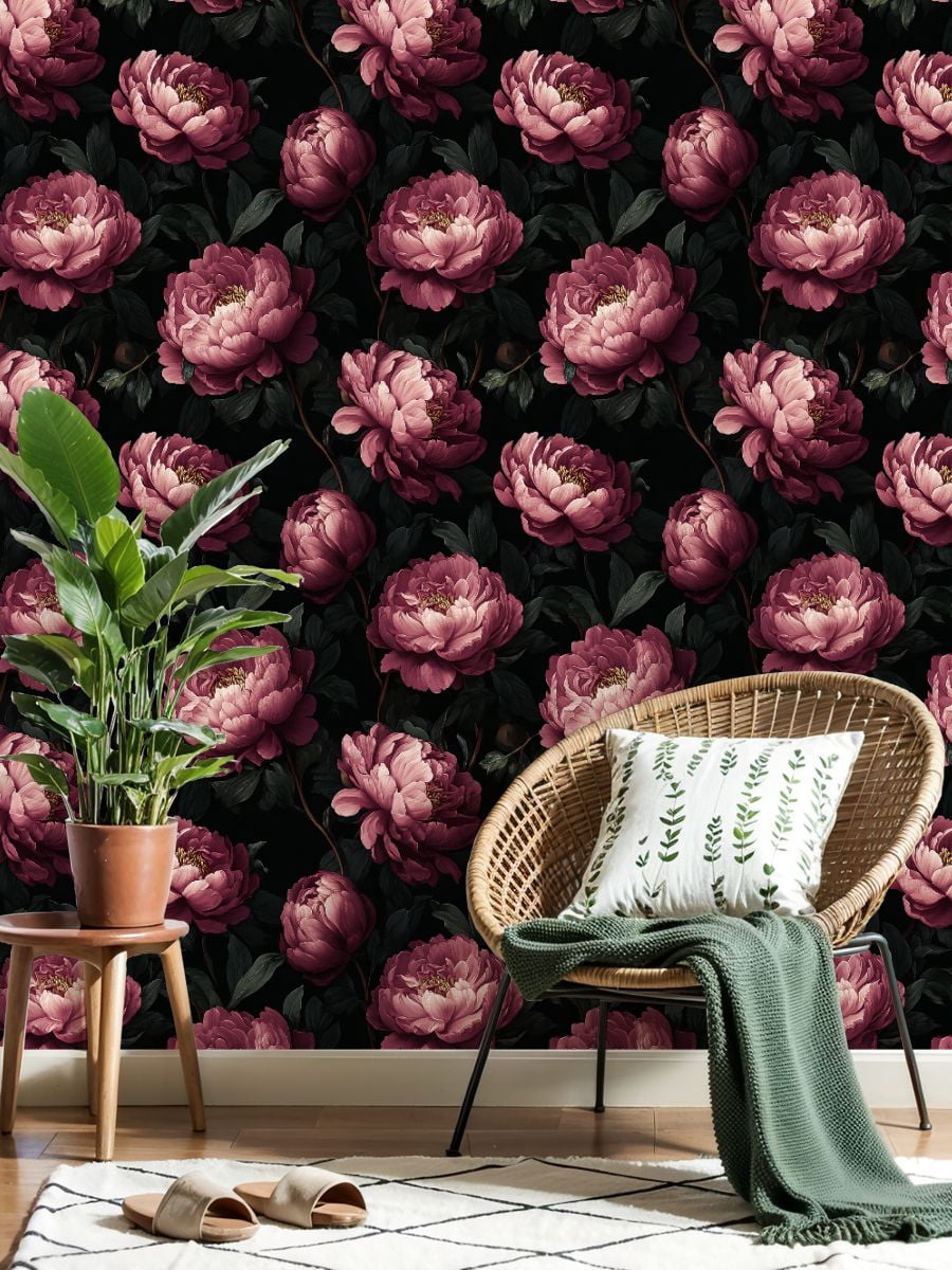 Peel and Stick Wallpaper Elegant Peony Flower Dark Wall Mural 23.6in x 9.8ft Self Adhesive Removable Wall Paper Renter Friendly Wallpaper for Nursery Bedroom Cabinets