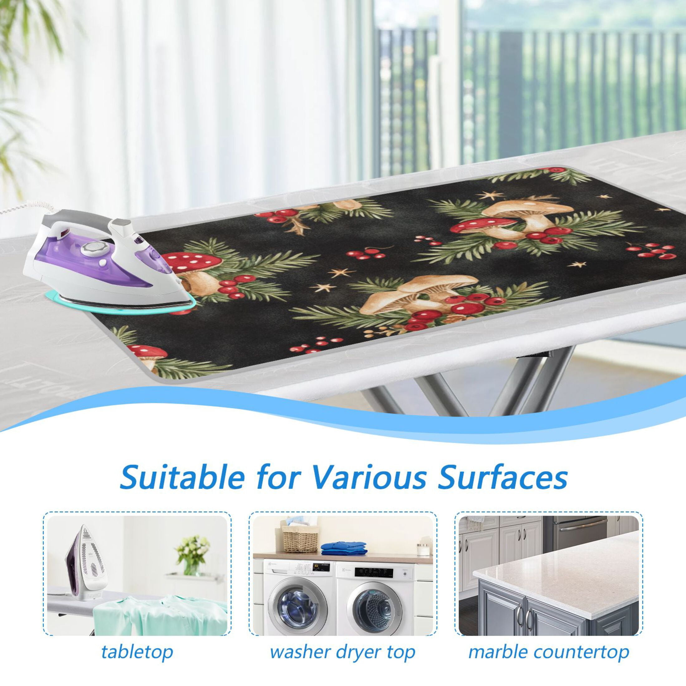 Red Mushroom on Black Ironing Mat Blanket for Table Top Travel Portable Ironing Board Pad 47.2x27.6 Inch