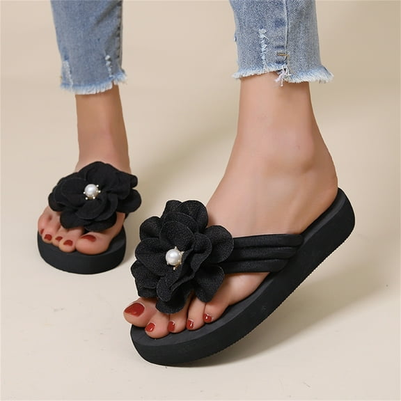 NOKIO Women's Flip Flops Thong Sandals Stylish Women'S Beach Sandals Ladies Fashion Summer Solid Color Suede Flower Pearl Decorative Open Toe Thick Soled Flip Flop