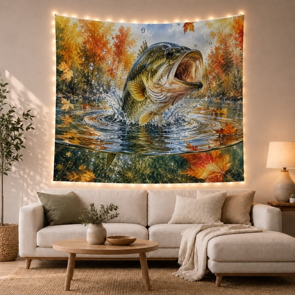 Bass Fish Leaping from Autumn Water with Maple Leaves, Energetic Illustration for Fishing Enthusiasts, Wildlife Nature Wall Art, Housewarming Gift, Tapestry Wall Hanging for Cabin and Living Room