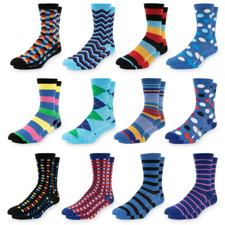 Men's Colorful Dress Socks - Fun Patterned Funky Crew Socks For Men - 12