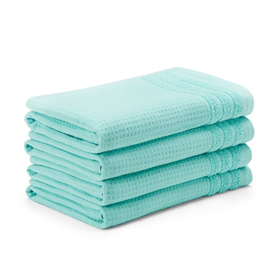 TOWN & COUNTRY BASICS 4-Piece Waffle Woven Terry Stripe Hand Towel Set, 20"x30", 100% Cotton, Quick Dry, Aqua