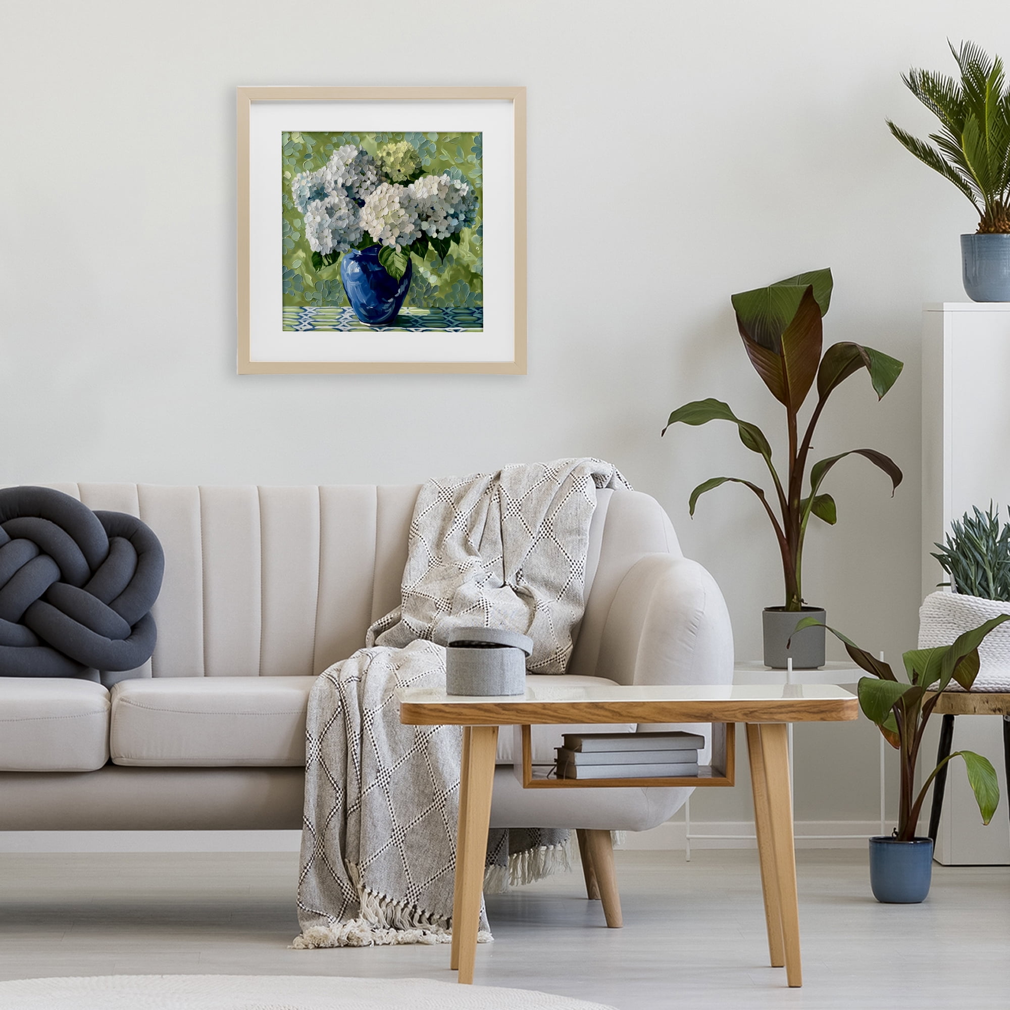 Stupell Industries White Hydrangeas in Blue Vase Birch Framed Print Under Glass, design by Gina Kelly