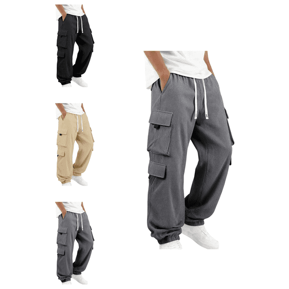 Busydd Cargo Joggers for Men with Multiple Pockets Trendy Comfy Solid Color Corduroy Work Pants Elastic Cuffs Drawstring Waist Casual Pants for Outdoor Hiking S