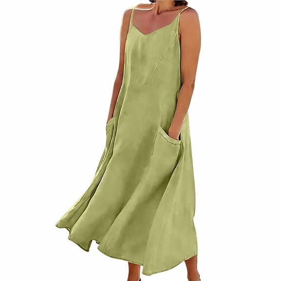 Women's 100% Cotton Spaghetti Strap Midi Dress, Backless V Neck Casual Summer Beach Dress with Pockets, Loose Fit Vacation Sundress for Women S-3XL