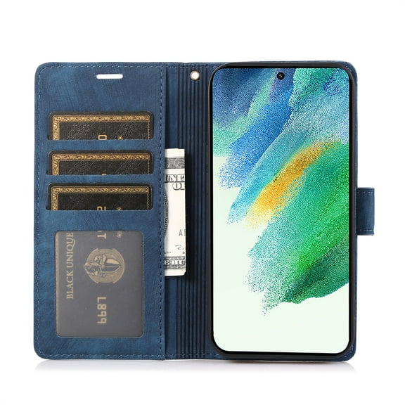 Allytechgroup Wallet Flip Case for Samsung Galaxy S24 Plus with Orchid Butterflies Embossed Pattern, Premium PU Leather Kickstand Magnetic Clasp Shockproof Case with Card Holder & Wrist Strap, Blue