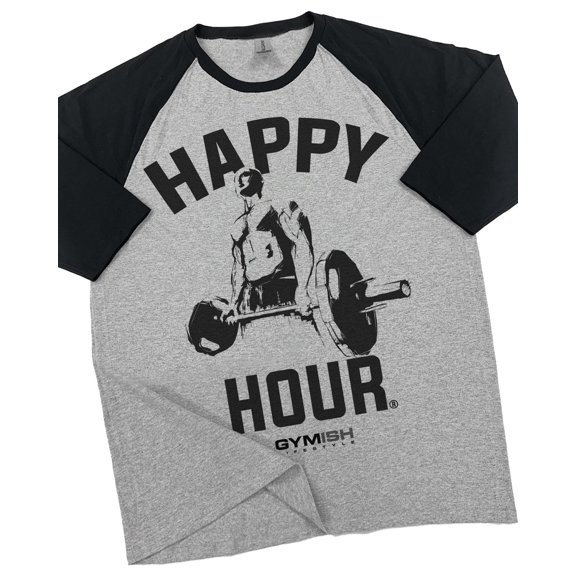 GYMISH RAGLAN Happy Hour Gym T-Shirt for Men – Funny Workout Shirt, Weightlifting Fitness Tee, Heather Grey, Small