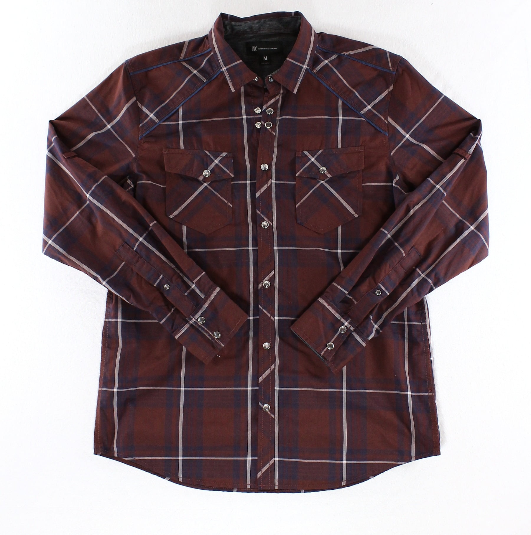 INC inc new cinnamon brown mens size medium m plaid print button down