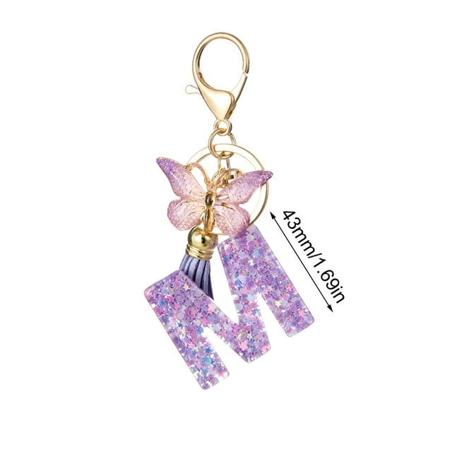 Car Key Chain with 26-Letter Resin Pendant Butterfly Design and Gradient Tassel