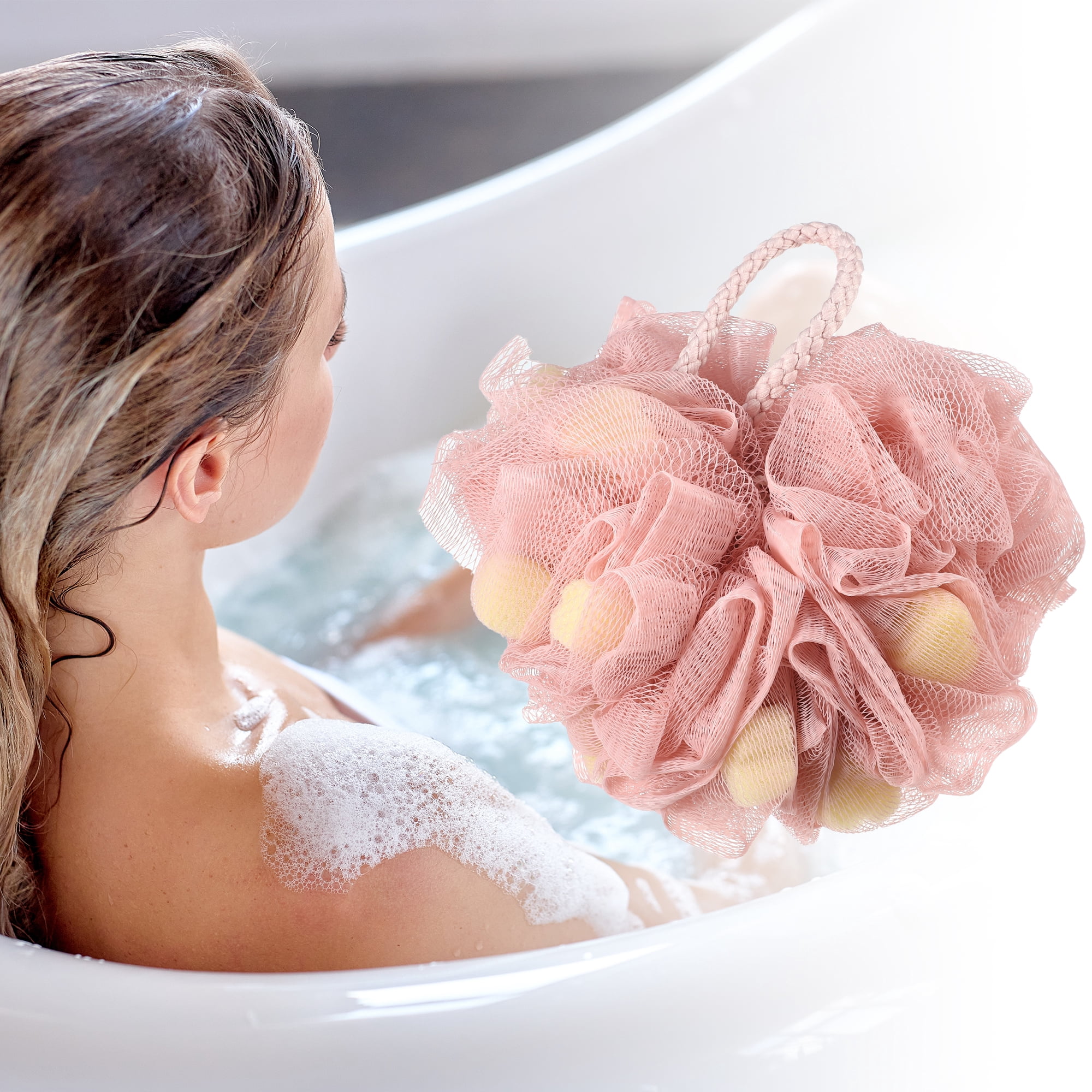 Unique Bargains Bath Shower Loofah Sponge Body Puffs 5.91"x4.72" Pink