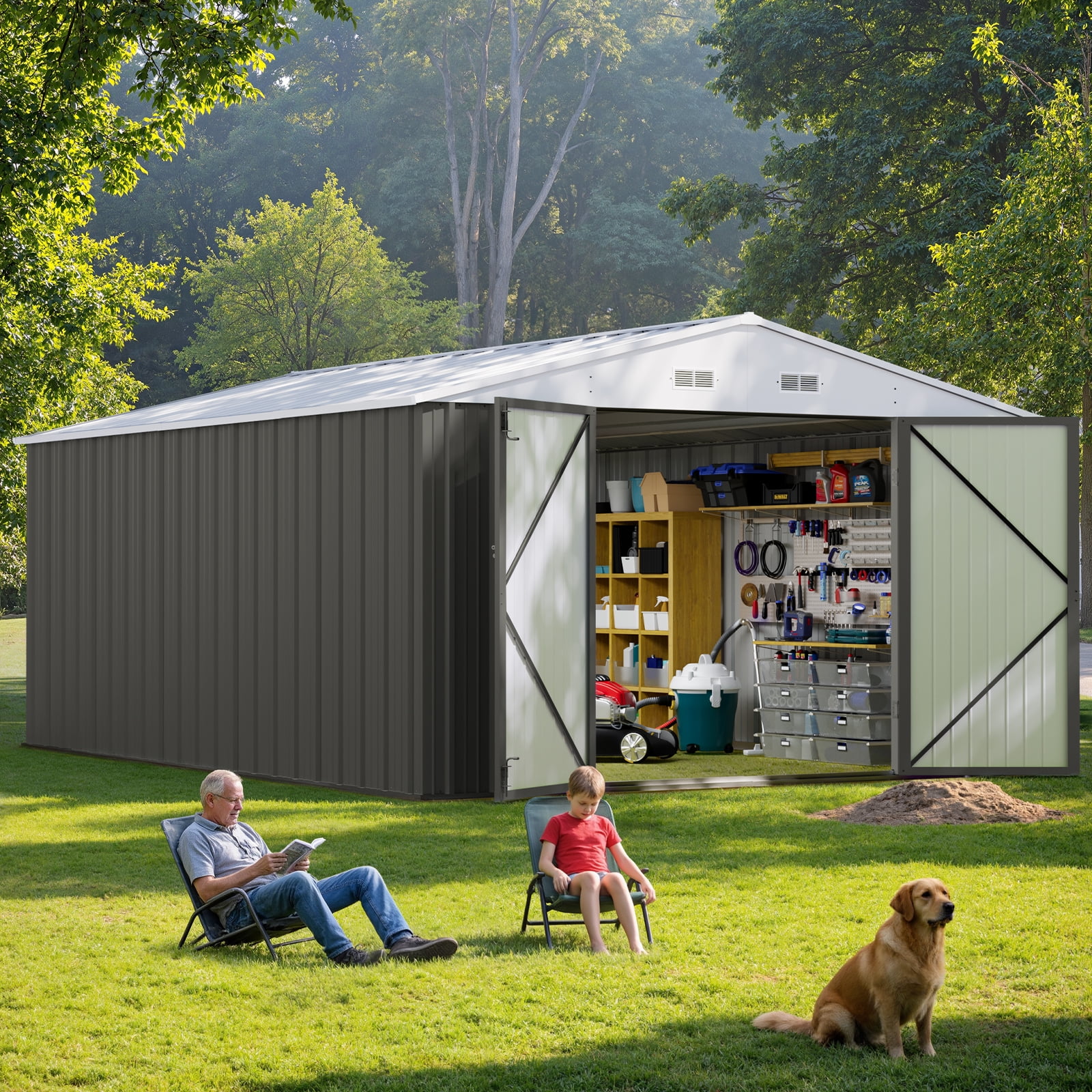 Patiowell,Outdoor Storage Shed Metal 10x14FT,Gray-White for Patio Garden Tool Storage