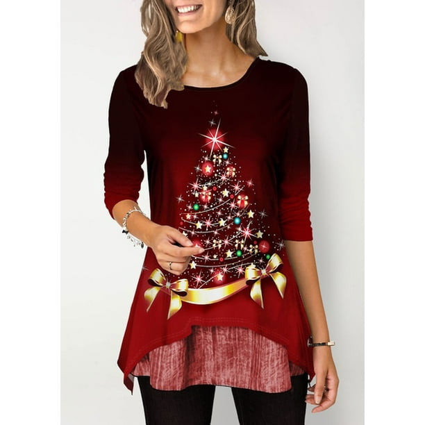 SySea - Women's Fashion Round Neck Christmas Tree Print Gradient Long ...