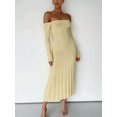 thumbnail image 6 of Women's Off Shoulder Long Sleeve Dress Solid Color Knitted Long Dress Backless Pleated Jacquard Hem Slim Fit Party Dress-Yellow-S, 6 of 7
