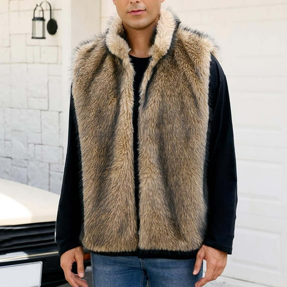 Guieoi Mens Coats Outerwear Winter Jackets Clearance Mens Warm Faux Furry Coat Jacket Winter Solid Stand Collar Outerwear Brown Black*Friday/Cyber*Monday Clearance