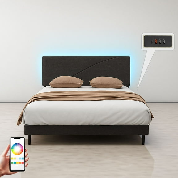 Homy Casa Queen Bed Frame with USB Ports and LED Lights, Padded Headboard for Bedroom, Grey
