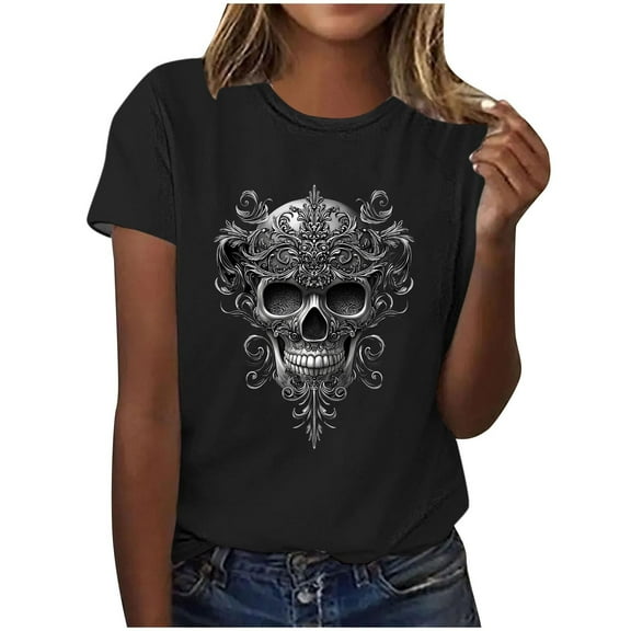 Halloween Skull Shirt for Women Ghost Shirt Cute Spooky Short Sleeve Tshirt Vintage Gothic Graphic Blouses Pumpkin Print Tees Casual Vacation Pullover Tops