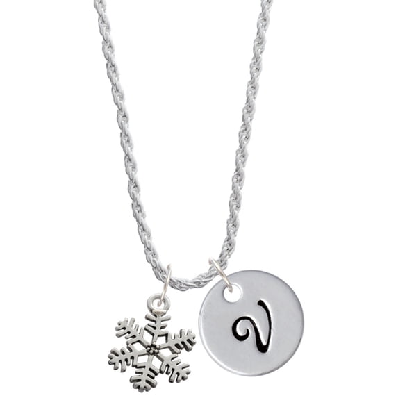 Delight Jewelry Silvertone Snowflake Silvertone Script Initial Disc - V - Charm Necklace, 20"+3"