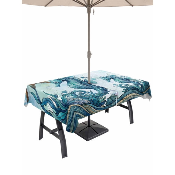 Outdoor Tablecloth with Umbrella Hole for Patio/Picnic/Party/Camping, Ocean Seahorses Waterproof Table Cloth Rectangle Table Cover Washable, Coastal Animals Seaweed Strafish Compass Blue (60"x 120")