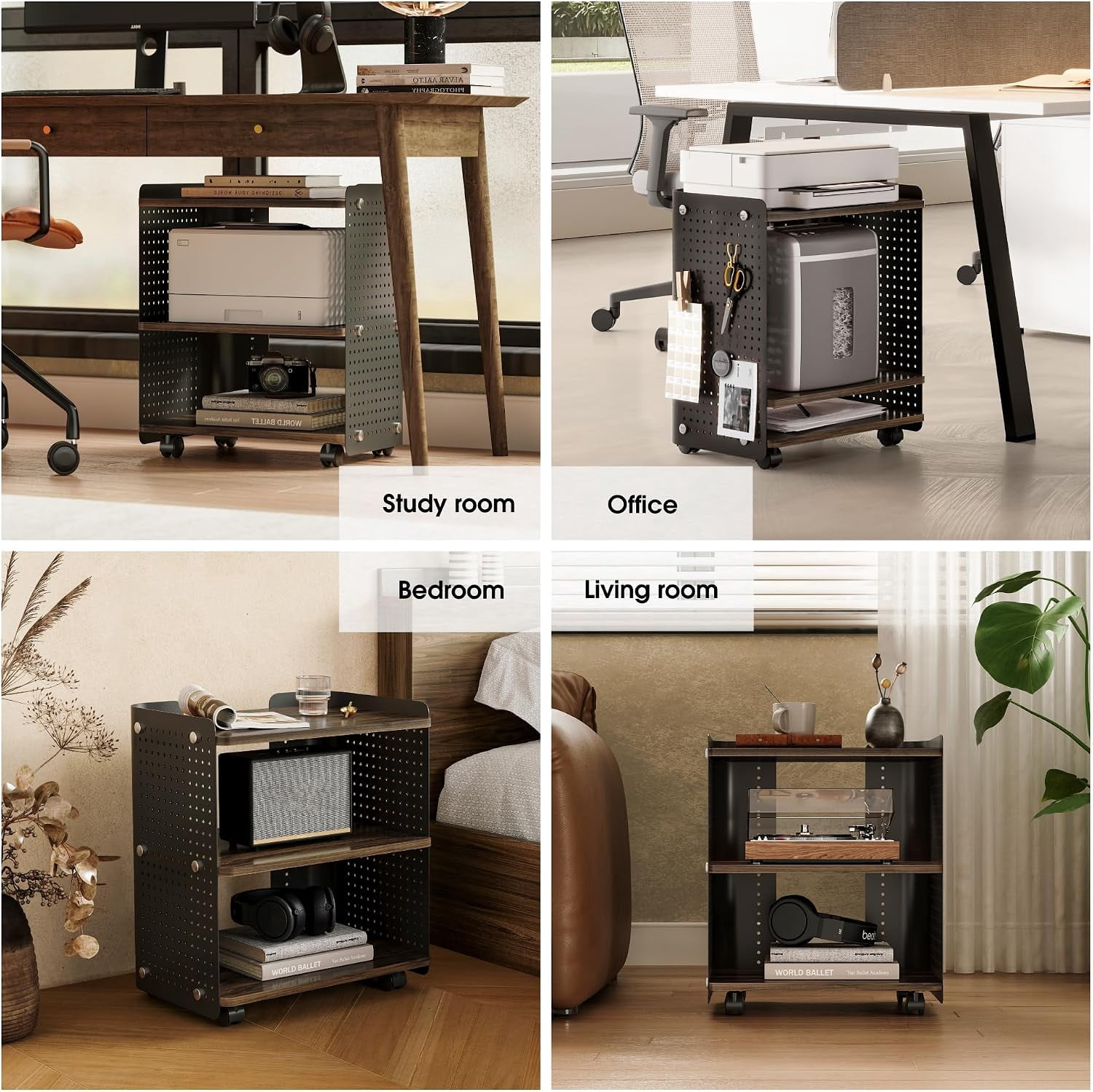Fenge 3-Tier Rolling Printer Stand with Pegboard Storage, Brown, 17.8 x 13.2 x 21.8 in