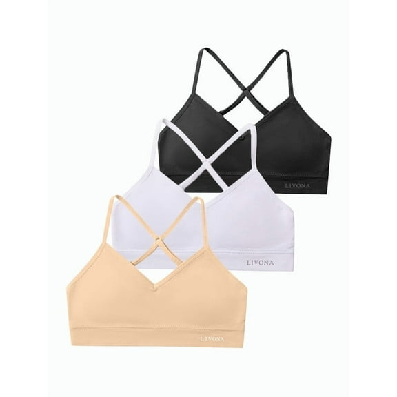 Livona Racerback Training Bra for Girls- 3 Pack Seamless Sports Bra, Padded Everyday Bra Bralette,Crop Cami Tank Top (6-14)
