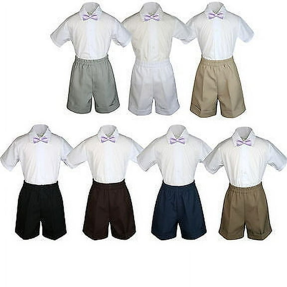 3pc Set Boy Toddler Formal Party Lilac Bow Tie White Navy Khaki Shorts S-4T