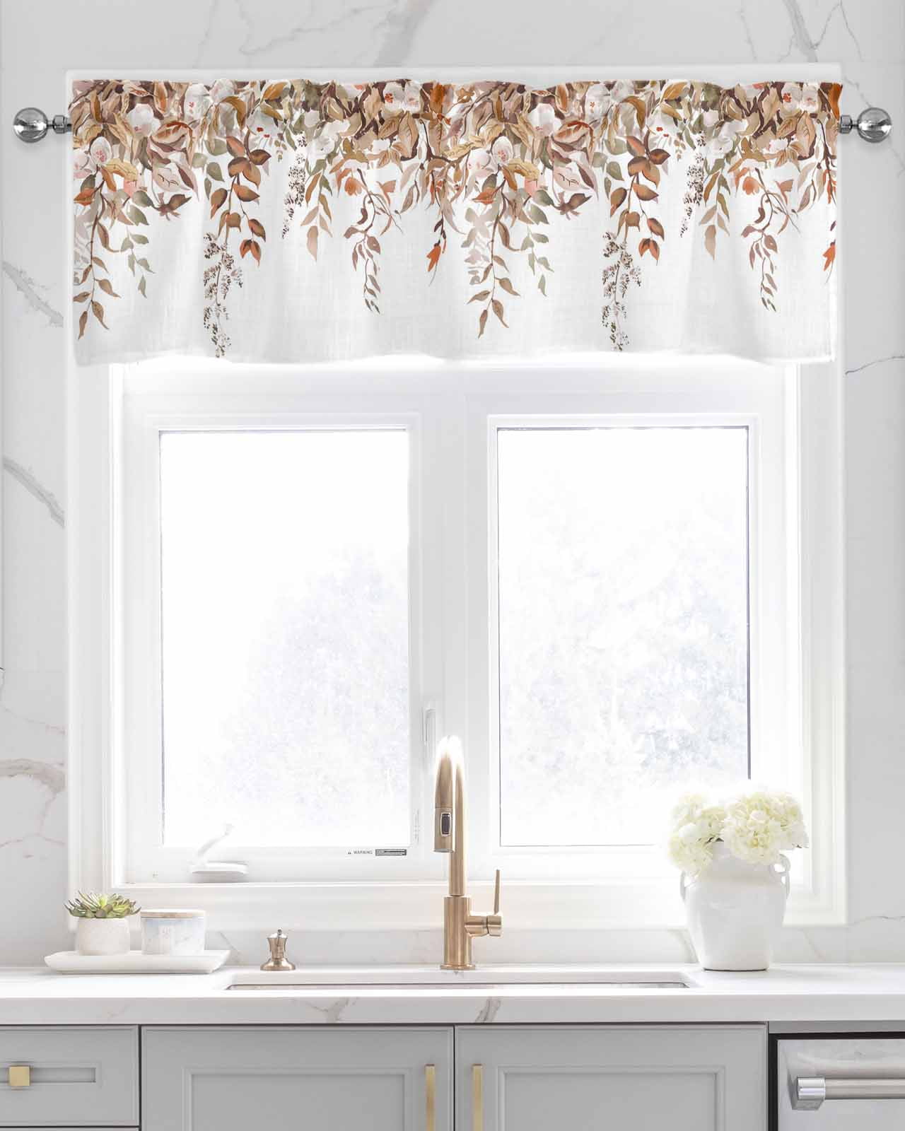 Autumn Floral Kitchen Valances for Windows Farmhouse Linen Window Valance Curtain for Living Room Window Treatment Farmhouse Vintage Botanical Leaves Valance Rod Pocket Topper Drape, 60 x 18 Inch